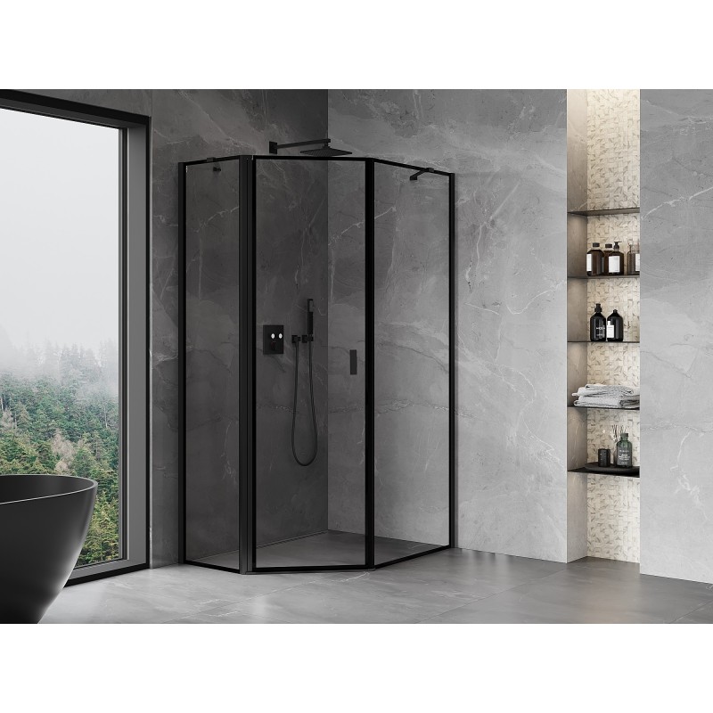 Mexen Mist cabine de douche pentagonale asymétrique pivotante gauche 80 x 100 cm, cadre noir, noir - 8A8-080-100-70-70-L