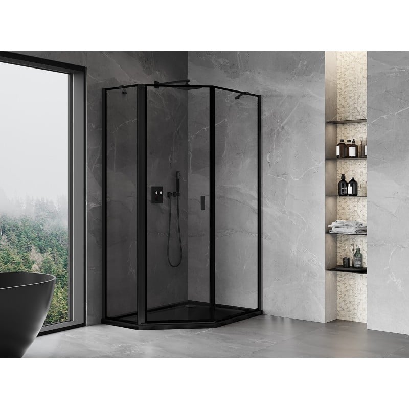 Mexen Mist cabine de douche pentagonale asymétrique pivotante gauche 80 x 100 cm, cadre noir, noir - 8A8-080-100-70-70-L