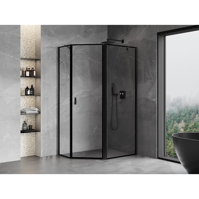 Mexen Mist cabine de douche pentagonale asymétrique pivotante droite 100 x 80 cm, cadre noir, noir - 8A8-100-080-70-70-P