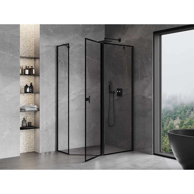 Mexen Mist cabine de douche pentagonale asymétrique pivotante droite 100 x 80 cm, cadre noir, noir - 8A8-100-080-70-70-P