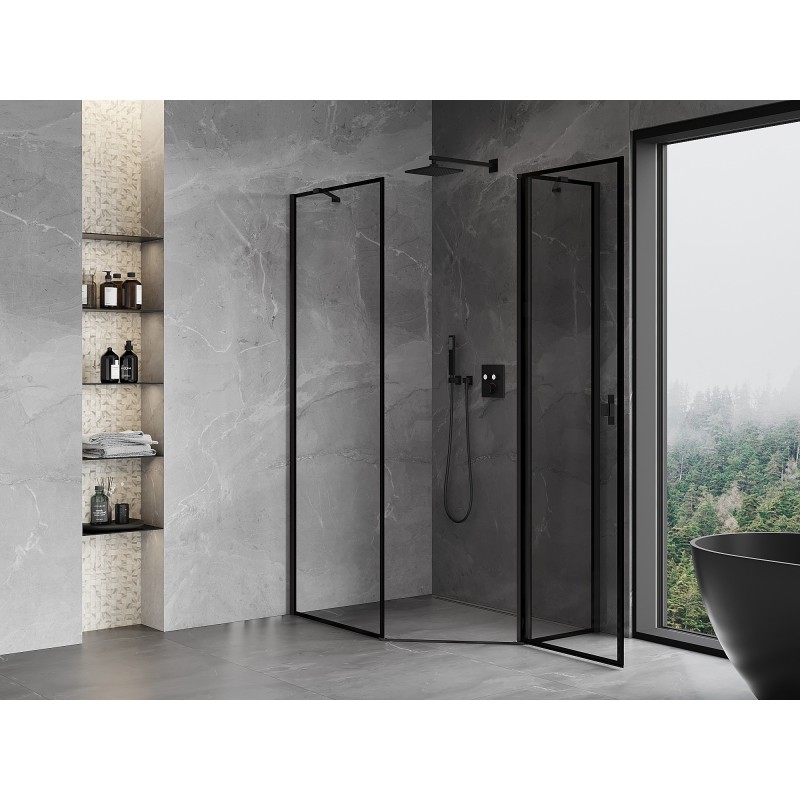 Mexen Mist cabine de douche pentagonale asymétrique pivotante droite 80 x 90 cm, cadre noir, noir - 8A8-080-090-70-70-P