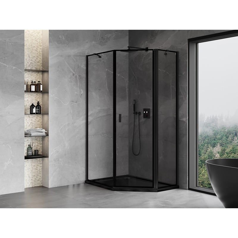 Mexen Mist cabine de douche pentagonale asymétrique pivotante droite 80 x 100 cm, cadre noir, noir - 8A8-080-100-70-70-P