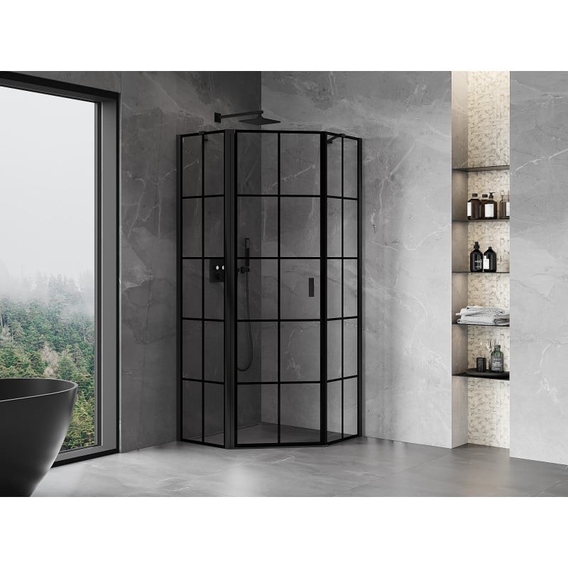Mexen Mist cabine de douche pentagonale pivotante gauche 80 x 80 cm, grille noire, noire - 8A8-080-080-70-77-L