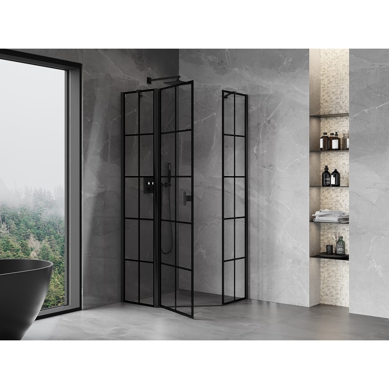Mexen Mist cabine de douche pentagonale pivotante gauche 100 x 100 cm, grille noire, noir - 8A8-100-100-70-77-L