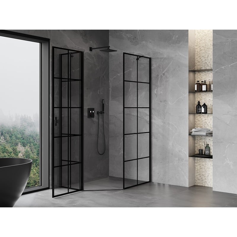 Mexen Mist cabine de douche pentagonale asymétrique pivotante gauche 80 x 90 cm, grille noire, noir - 8A8-080-090-70-77-L