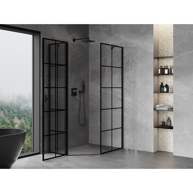 Mexen Mist cabine de douche pentagonale asymétrique pivotante gauche 80 x 90 cm, grille noire, noire - 8A8-080-090-70-77-L