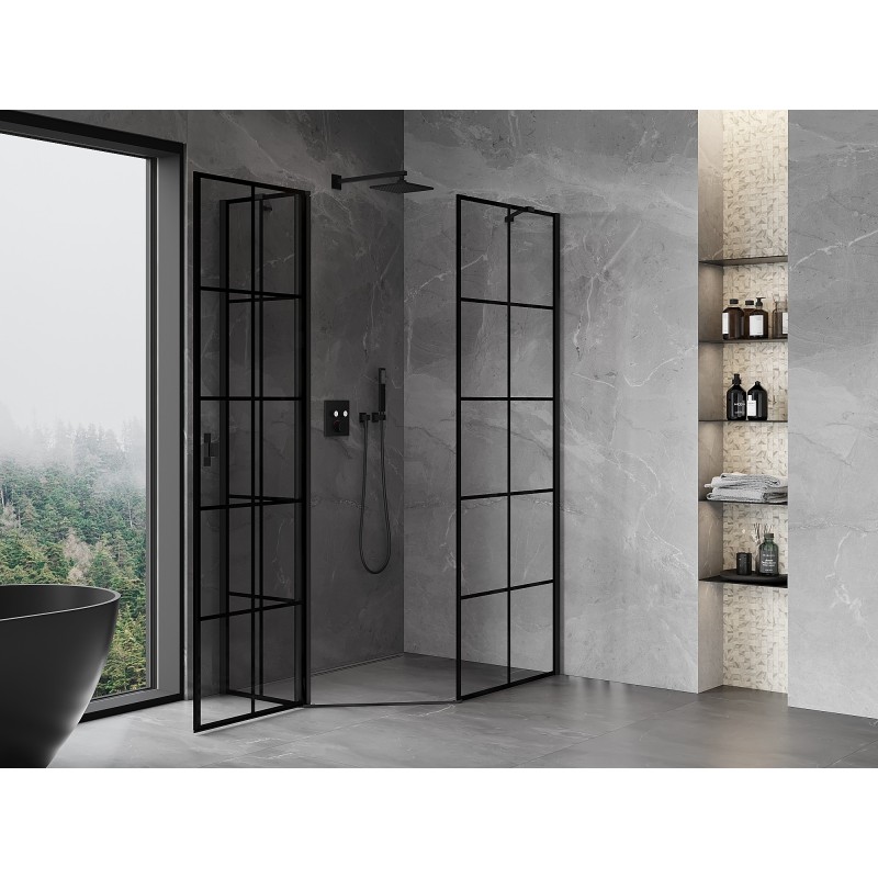 Mexen Mist cabine de douche pentagonale asymétrique pivotante gauche 80 x 100 cm, grille noire, noire - 8A8-080-100-70-77-L