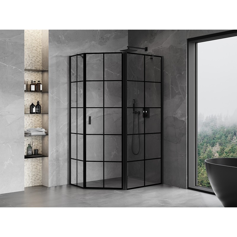 Mexen Mist cabine de douche pentagonale asymétrique pivotante droite 100 x 80 cm, grille noire, noire - 8A8-100-080-70-77-P