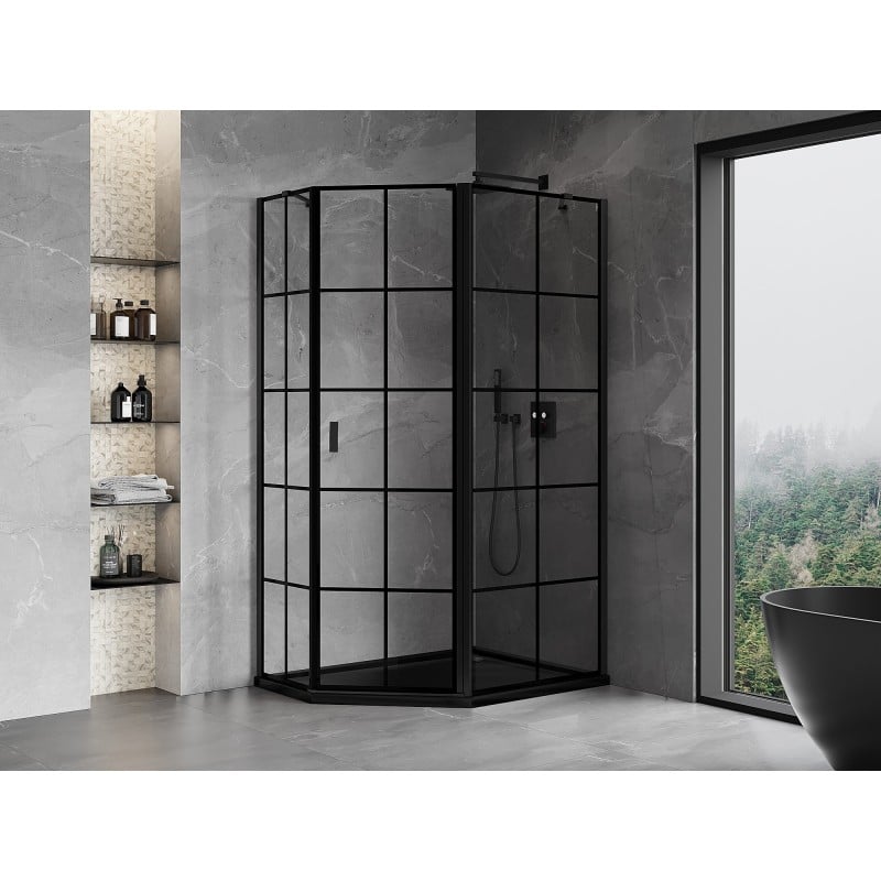 Mexen Mist cabine de douche pentagonale asymétrique pivotante droite 100 x 90 cm, grille noire, noire - 8A8-100-090-70-77-P