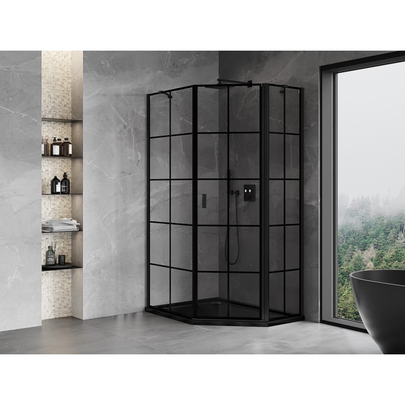 Mexen Mist cabine de douche pentagonale asymétrique pivotante droite 80 x 90 cm, grille noire, noir - 8A8-080-090-70-77-P