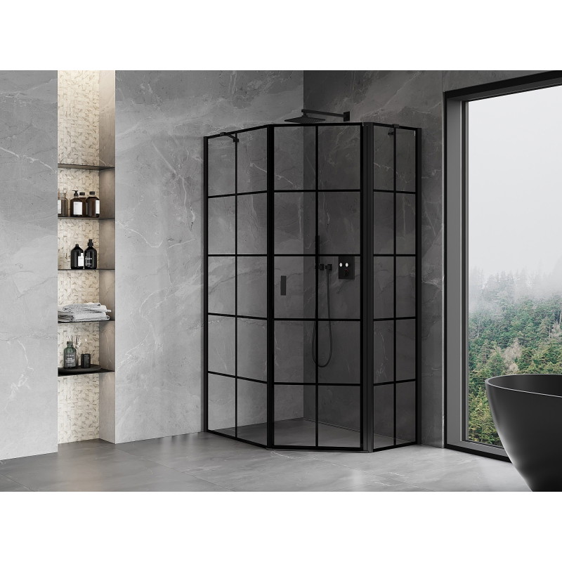 Mexen Mist cabine de douche pentagonale asymétrique à battant droit 80 x 100 cm, grille noire, noire - 8A8-080-100-70-77-P