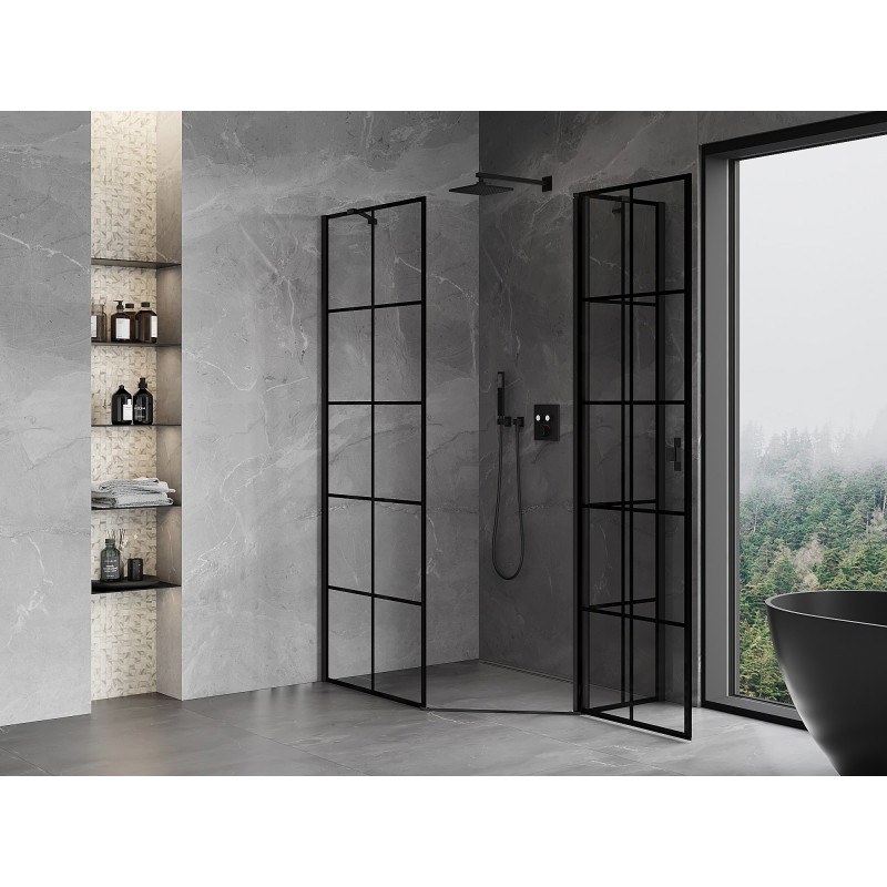 Mexen Mist cabine de douche pentagonale asymétrique à battant droit 80 x 100 cm, grille noire, noire - 8A8-080-100-70-77-P