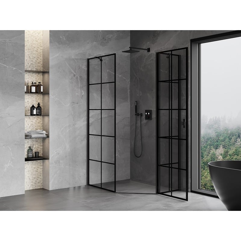 Mexen Mist cabine de douche pentagonale asymétrique pivotante droite 80 x 100 cm, grille noire, noir - 8A8-080-100-70-77-P