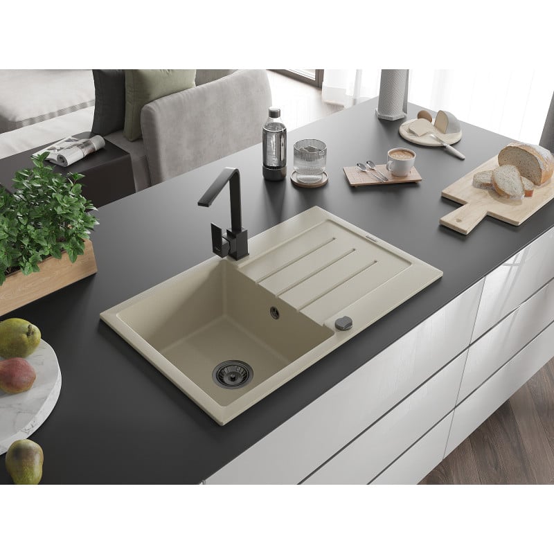 Mexen Bruno évier en granit 1 bac avec égouttoir et mitigeur Rita, beige - 6513-69-670300-70