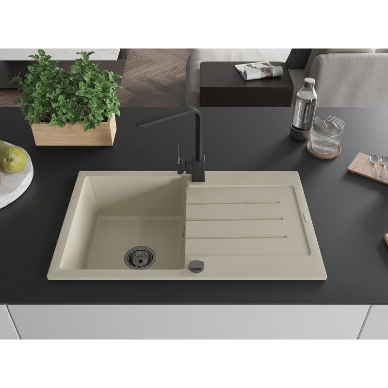 Mexen Bruno évier en granit 1 bac avec égouttoir et mitigeur Rita, beige - 6513-69-670300-70
