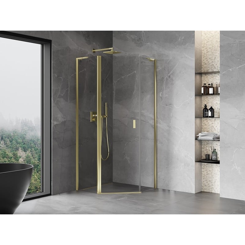 Mexen Mist L cabine de douche pentagonale pivotante 100 x 100 cm, transparent, dorée - 8A8L-100-100-50-00