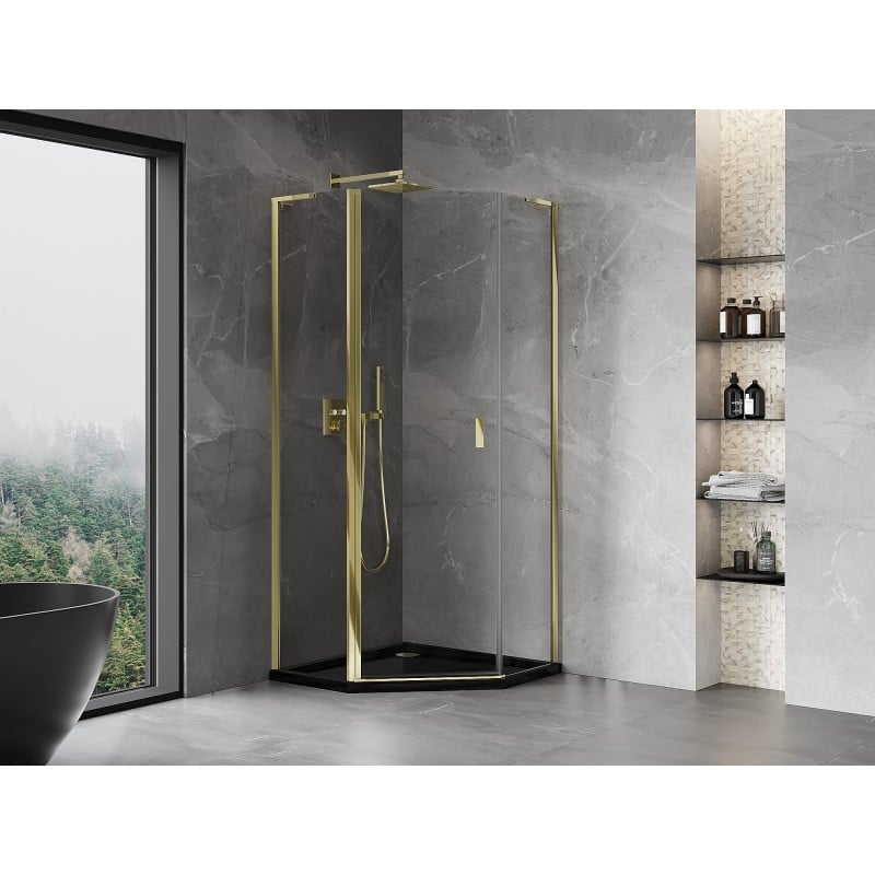 Mexen Mist L cabine de douche pentagonale pivotante 100 x 100 cm, transparent, dorée - 8A8L-100-100-50-00