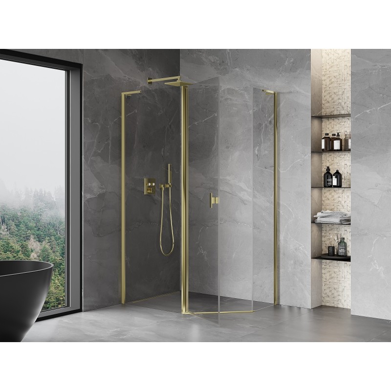 Mexen Mist L cabine de douche pentagonale asymétrique pivotante 90 x 80 cm, transparent, or - 8A8L-090-080-50-00
