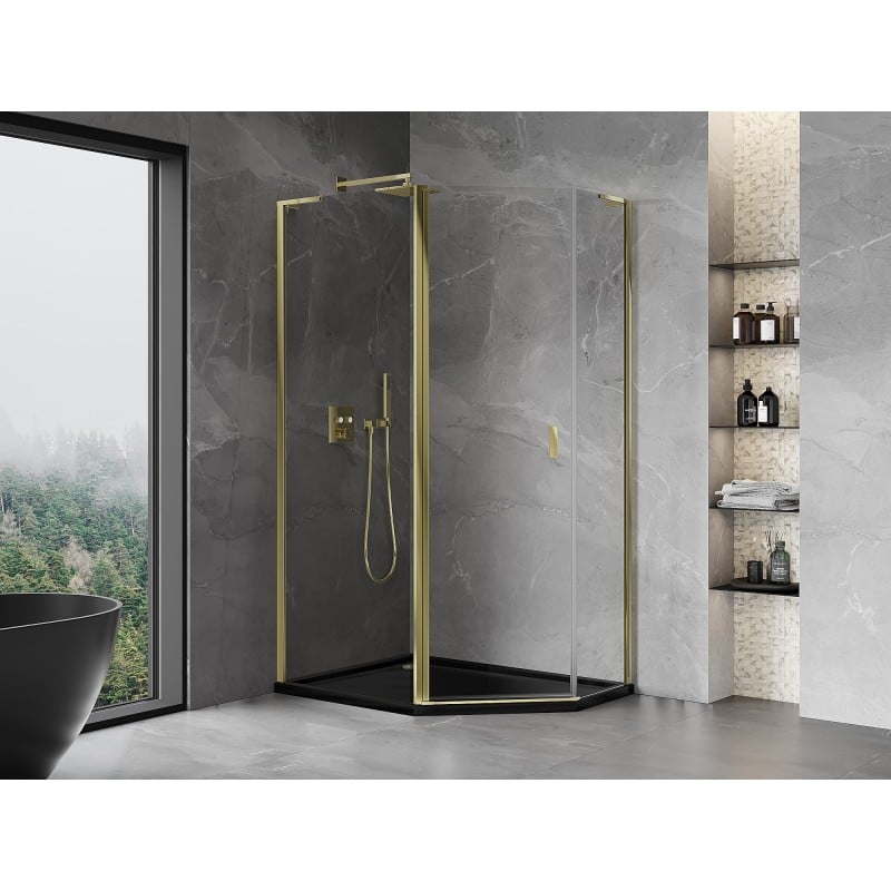 Mexen Mist L cabine de douche pentagonale asymétrique pivotante 100 x 80 cm, transparente, dorée - 8A8L-100-080-50-00