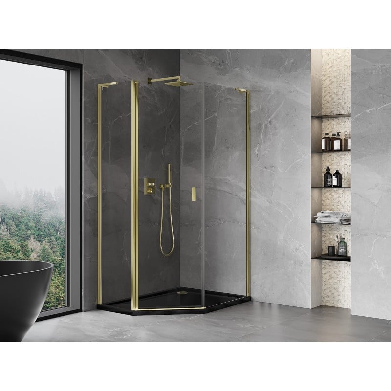 Mexen Mist L cabine de douche pentagonale asymétrique pivotante 80 x 100 cm, transparent, or - 8A8L-080-100-50-00