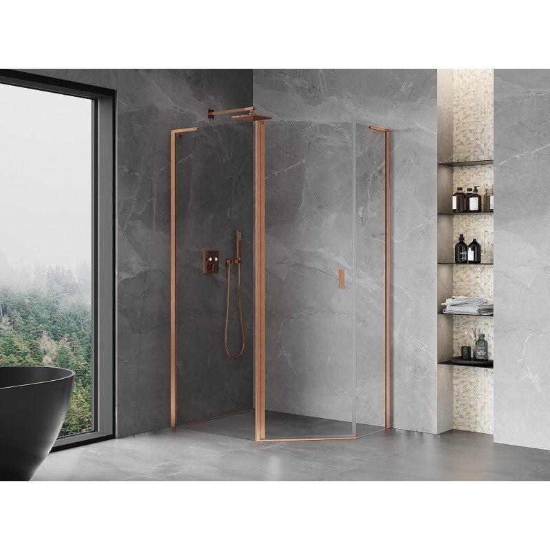 Mexen Mist L cabine de douche pentagonale asymétrique pivotante 90x80 cm, transparent, cuivre brossé - 8A8L-090-080-65-00