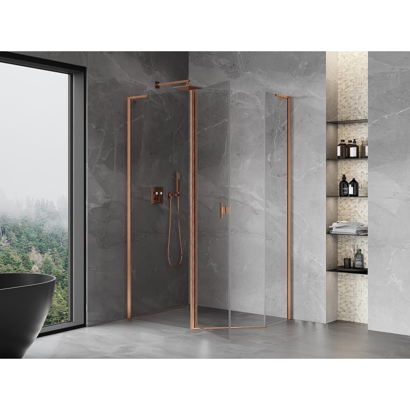 Mexen Mist L cabine de douche pentagonale asymétrique pivotante 90x80 cm, transparent, cuivre brossé - 8A8L-090-080-65-00
