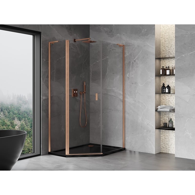 Mexen Mist L cabine de douche pentagonale asymétrique pivotante 80x100 cm, transparent, cuivre brossé - 8A8L-080-100-65-00