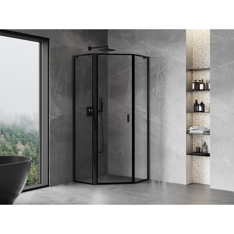 Mexen Mist L cabine de douche pentagonale pivotante gauche 80 x 80 cm, cadre noir, noir - 8A8L-080-080-70-70-L