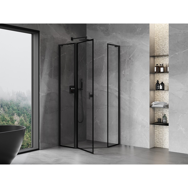 Mexen Mist L cabine de douche pentagonale pivotante gauche 80 x 80 cm, cadre noir, noir - 8A8L-080-080-70-70-L