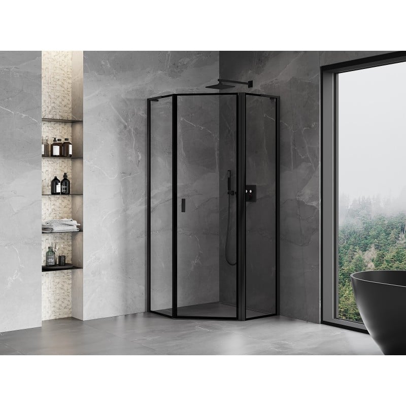 Mexen Mist L cabine de douche pentagonale pivotante droite 90 x 90 cm, cadre noir, noir - 8A8L-090-090-70-70-P
