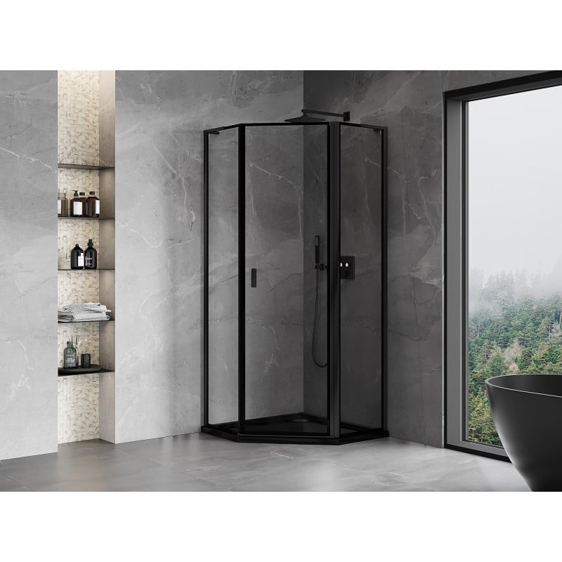 Mexen Mist L cabine de douche pentagonale pivotante droite 90 x 90 cm, cadre noir, noir - 8A8L-090-090-70-70-P