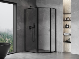 Mexen Mist L cabine de douche pentagonale asymétrique pivotante gauche 90 x 80 cm, cadre noir, noir - 8A8L-090-080-70-70-L