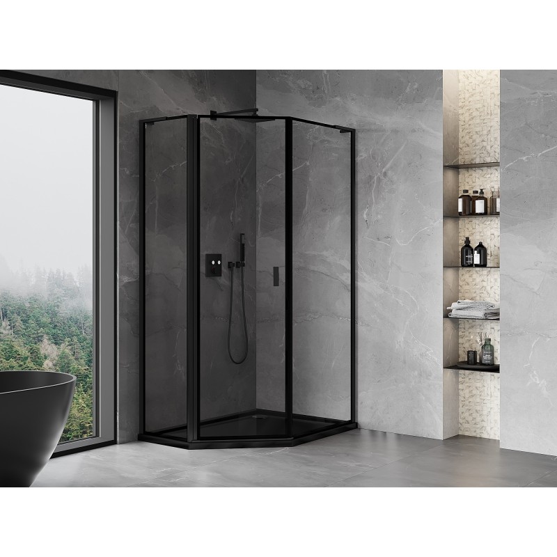 Mexen Mist L cabine de douche pentagonale asymétrique pivotante gauche 80 x 90 cm, cadre noir, noir - 8A8L-080-090-70-70-L