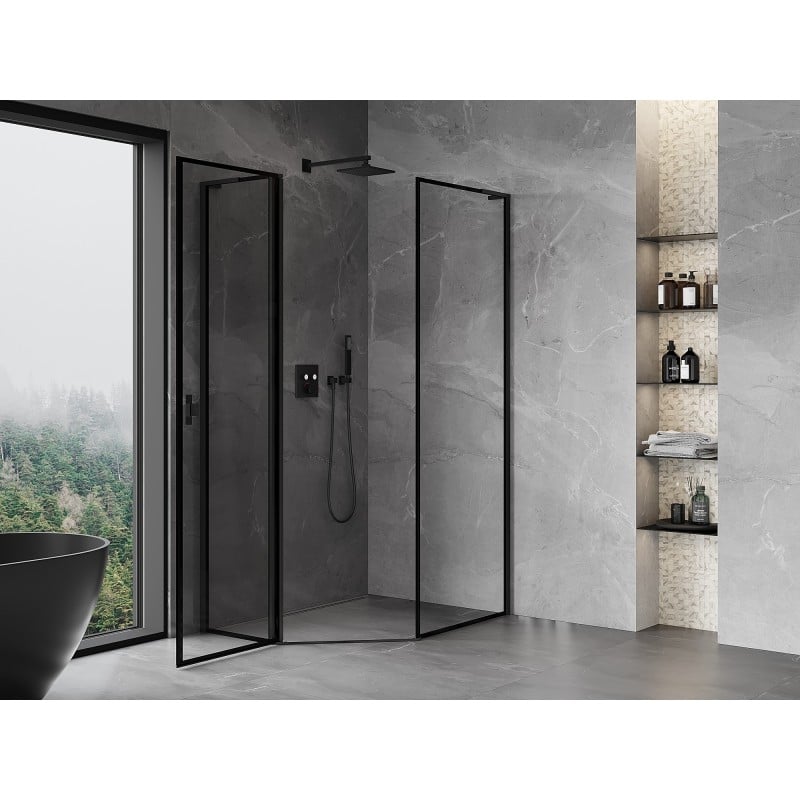 Mexen Mist L cabine de douche pentagonale asymétrique pivotante gauche 80 x 100 cm, cadre noir, noir - 8A8L-080-100-70-70-L