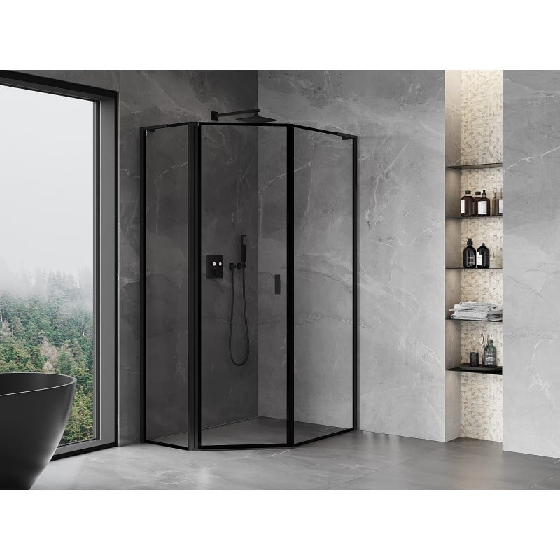 Mexen Mist L cabine de douche pentagonale asymétrique pivotante gauche 90 x 100 cm, cadre noir, noir - 8A8L-090-100-70-70-L