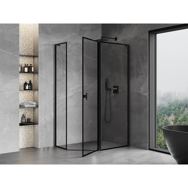 Mexen Mist L cabine de douche pentagonale asymétrique pivotante droite 90 x 80 cm, cadre noir, noir - 8A8L-090-080-70-70-P