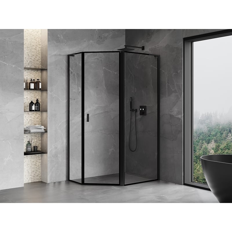 Mexen Mist L cabine de douche pentagonale asymétrique à charnière droite 100 x 90 cm, cadre noir, noir - 8A8L-100-090-70-70-P