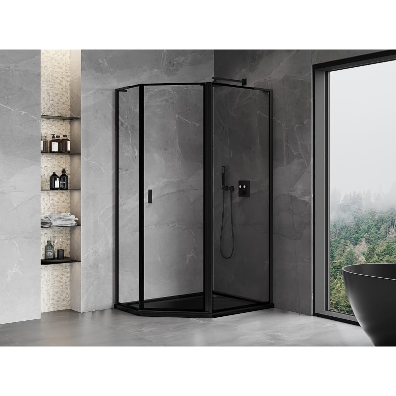 Mexen Mist L cabine de douche pentagonale asymétrique à charnière droite 100 x 90 cm, cadre noir, noir - 8A8L-100-090-70-70-P