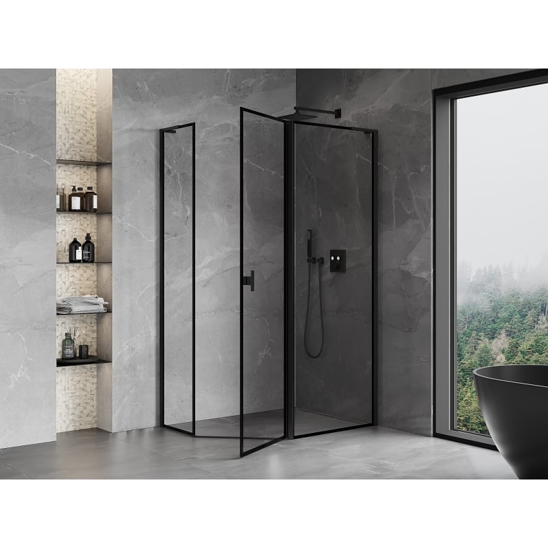Mexen Mist L cabine de douche pentagonale asymétrique à charnière droite 100 x 90 cm, cadre noir, noir - 8A8L-100-090-70-70-P