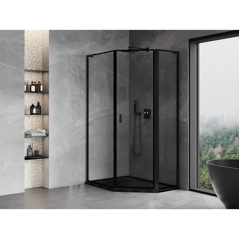 Mexen Mist L cabine de douche pentagonale asymétrique pivotante droite 80 x 90 cm, cadre noir, noir - 8A8L-080-090-70-70-P