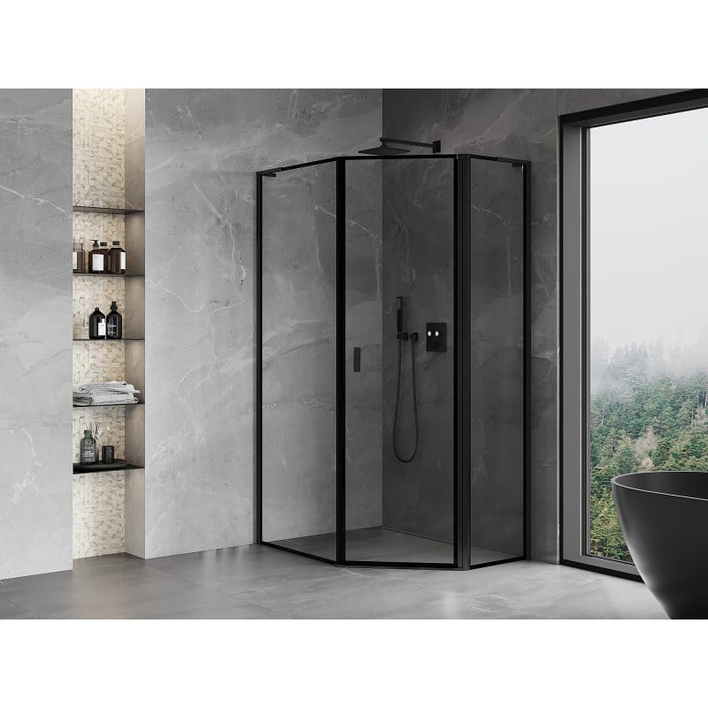 Mexen Mist L cabine de douche pentagonale asymétrique pivotante droite 80 x 100 cm, cadre noir, noir - 8A8L-080-100-70-70-P