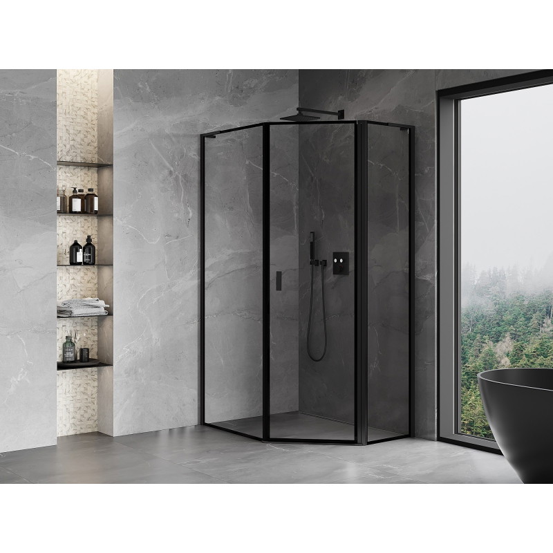 Mexen Mist L cabine de douche pentagonale asymétrique battante droite 90 x 100 cm, cadre noir, noir - 8A8L-090-100-70-70-P