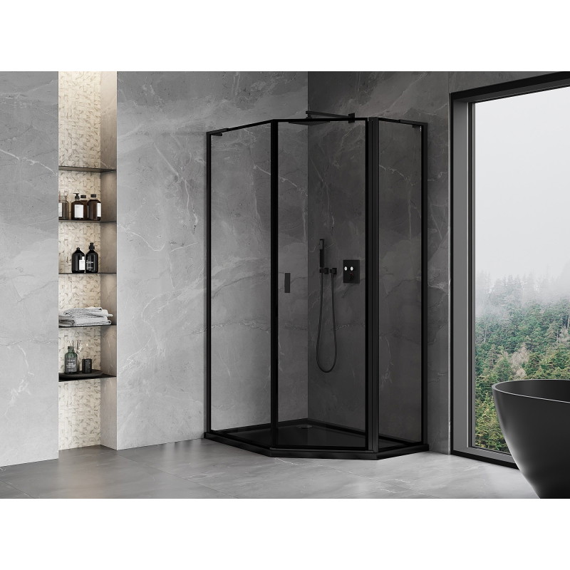 Mexen Mist L cabine de douche pentagonale asymétrique battante droite 90 x 100 cm, cadre noir, noir - 8A8L-090-100-70-70-P