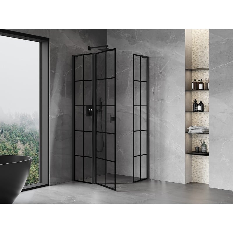 Mexen Mist L cabine de douche pentagonale pivotante gauche 90 x 90 cm, grille noire, noir - 8A8L-090-090-70-77-L
