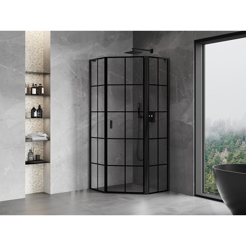 Mexen Mist L cabine de douche pentagonale pivotante droite 90 x 90 cm, grille noire, noir - 8A8L-090-090-70-77-P