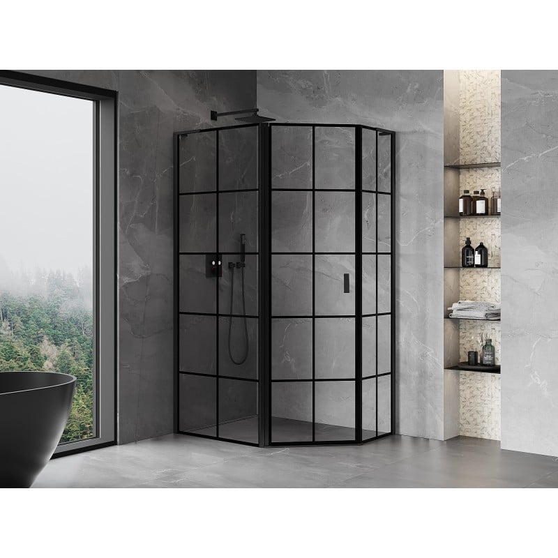Mexen Mist L cabine de douche pentagonale asymétrique pivotante gauche 100 x 80 cm, grille noire, noir - 8A8L-100-080-70-77-L