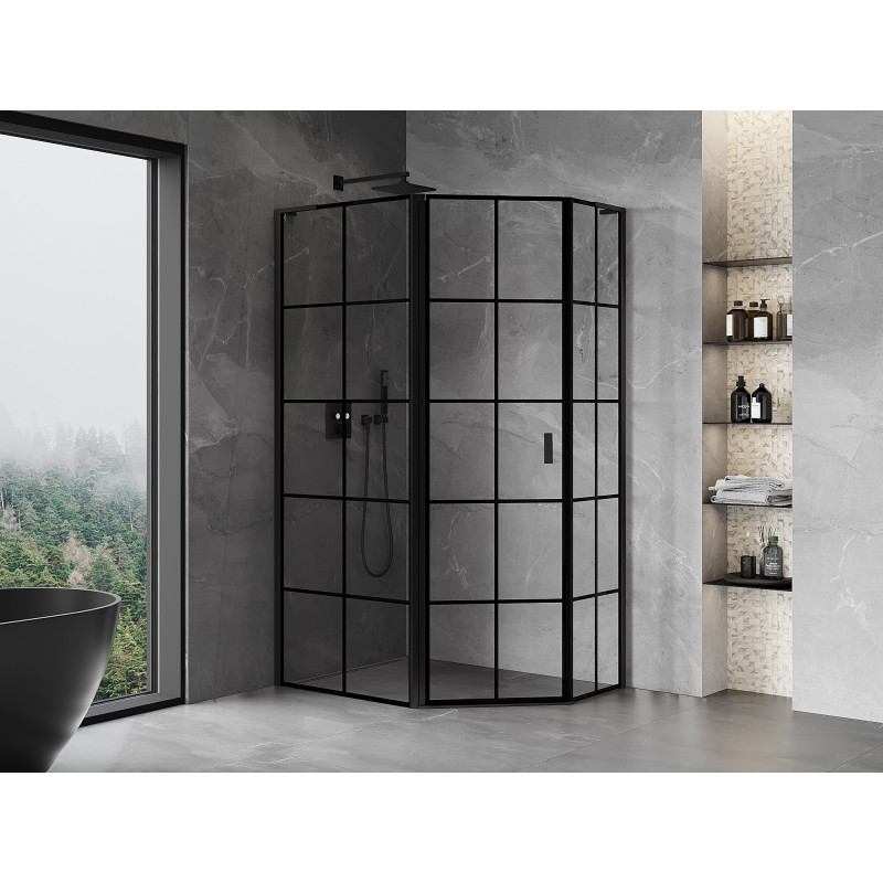 Mexen Mist L cabine de douche pentagonale asymétrique pivotante gauche 100 x 80 cm, grille noire, noire - 8A8L-100-080-70-77-L