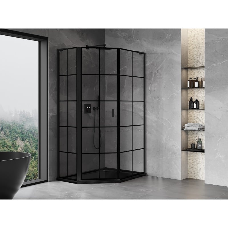 Mexen Mist L cabine de douche pentagonale asymétrique pivotante gauche 80 x 90 cm, grille noire, noir - 8A8L-080-090-70-77-L