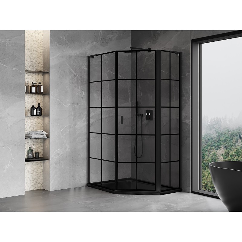 Mexen Mist L cabine de douche pentagonale asymétrique pivotante droite 80 x 90 cm, grille noire, noire - 8A8L-080-090-70-77-P