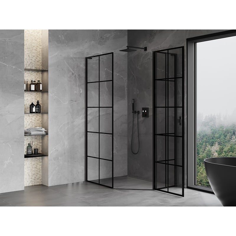 Mexen Mist L cabine de douche pentagonale asymétrique pivotante droite 80 x 100 cm, grille noire, noir - 8A8L-080-100-70-77-P